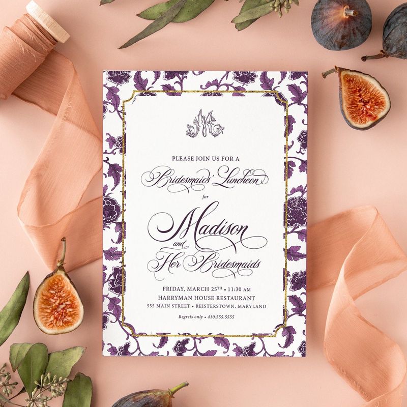 Plum Bridesmaids Luncheon Invitations - Chinoiserie Monogram Bridal Brunch Invitation - Classic Bridal Lunch Invitations - Bridal Tea (10 printed invitations, Plain White Envelopes)