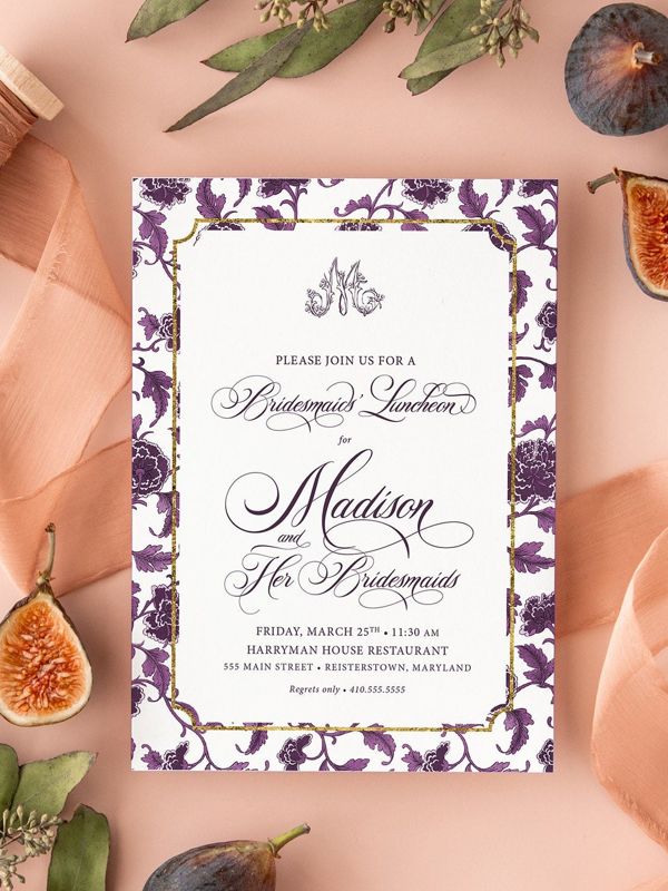 Plum Bridesmaids Luncheon Invitations - Chinoiserie Monogram Bridal Brunch Invitation - Classic Bridal Lunch Invitations - Bridal Tea (10 printed invitations, Plain White Envelopes)