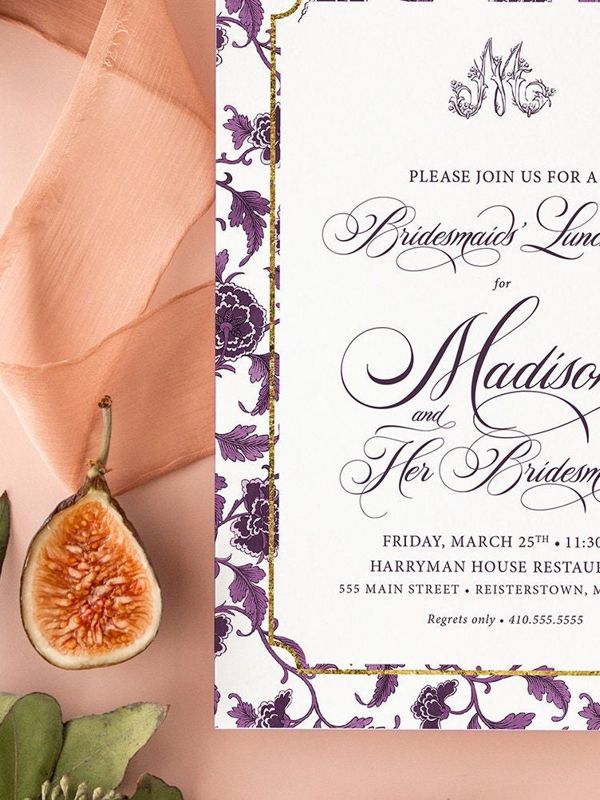 Plum Bridesmaids Luncheon Invitations - Chinoiserie Monogram Bridal Brunch Invitation - Classic Bridal Lunch Invitations - Bridal Tea (10 printed invitations, Plain White Envelopes)