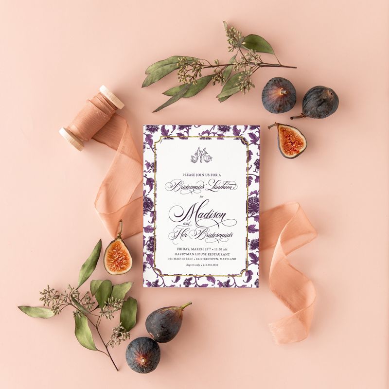 Plum Bridesmaids Luncheon Invitations - Chinoiserie Monogram Bridal Brunch Invitation - Classic Bridal Lunch Invitations - Bridal Tea (10 printed invitations, Plain White Envelopes)