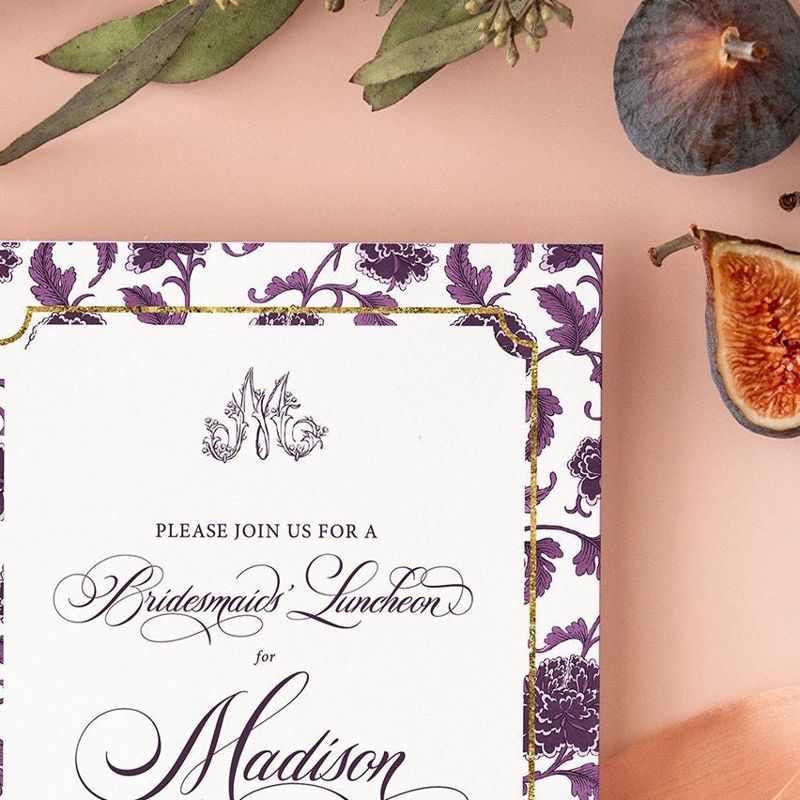 Plum Bridesmaids Luncheon Invitations - Chinoiserie Monogram Bridal Brunch Invitation - Classic Bridal Lunch Invitations - Bridal Tea (10 printed invitations, Plain White Envelopes)