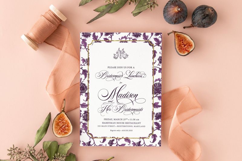 Plum Bridesmaids Luncheon Invitations - Chinoiserie Monogram Bridal Brunch Invitation - Classic Bridal Lunch Invitations - Bridal Tea (10 printed invitations, Plain White Envelopes)