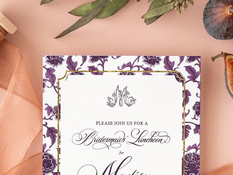 Plum Bridesmaids Luncheon Invitations - Chinoiserie Monogram Bridal Brunch Invitation - Classic Bridal Lunch Invitations - Bridal Tea (10 printed invitations, Plain White Envelopes)