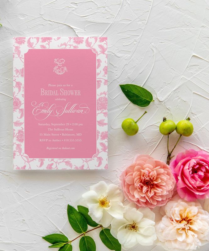 Pink Toile Chinoiserie Bridal Shower Invitations, Monogram Invite, Bridal Brunch, Bridal Luncheon invitation, Bridesmaids Lunch, Bridal Tea