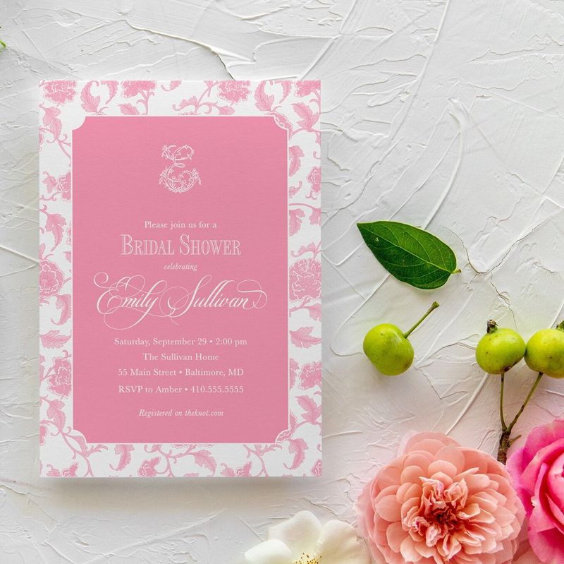 Pink Toile Chinoiserie Bridal Shower Invitations, Monogram Invite, Bridal Brunch, Bridal Luncheon invitation, Bridesmaids Lunch, Bridal Tea