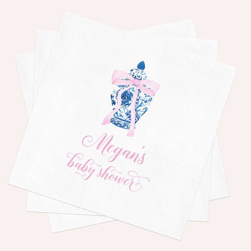 Baby Girl Shower Napkins Personalized Pink Bow Ginger JarPaper Napkins - Baby Girl Sprinkle - Custom Cocktail Napkins Printed (100 Printed Napkins)