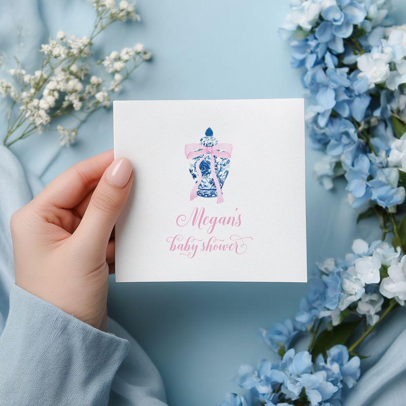 Baby Girl Shower Napkins Personalized Pink Bow Ginger JarPaper Napkins - Baby Girl Sprinkle - Custom Cocktail Napkins Printed (100 Printed Napkins)
