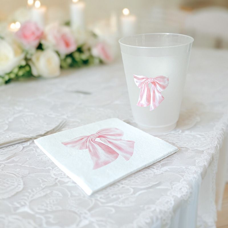 Pink Bow Party Cups for Baby Girl Shower Sprinkle, 1st Birthday Party, Fancy Tea Party, Bridesmaids Luncheon (5 Cups)