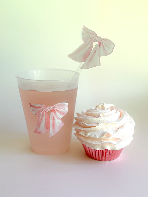 Pink Bow Party Cups for Baby Girl Shower Sprinkle, 1st Birthday Party, Fancy Tea Party, Bridesmaids Luncheon (5 Cups)