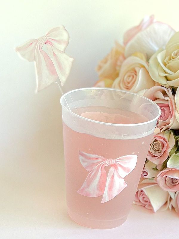 Pink Bow Party Cups for Baby Girl Shower Sprinkle, 1st Birthday Party, Fancy Tea Party, Bridesmaids Luncheon (5 Cups)