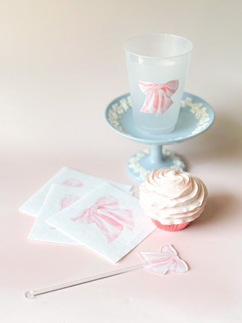 Pink Bow Party Cups for Baby Girl Shower Sprinkle, 1st Birthday Party, Fancy Tea Party, Bridesmaids Luncheon (5 Cups)