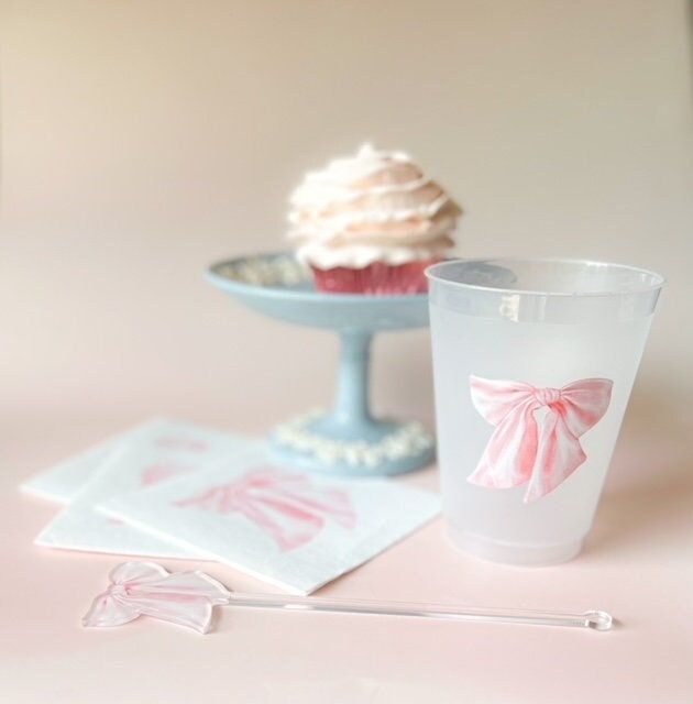 Pink Bow Party Cups for Baby Girl Shower Sprinkle, 1st Birthday Party, Fancy Tea Party, Bridesmaids Luncheon (5 Cups)