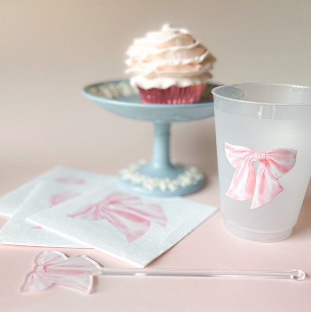 Pink Bow Party Cups for Baby Girl Shower Sprinkle, 1st Birthday Party, Fancy Tea Party, Bridesmaids Luncheon (5 Cups)
