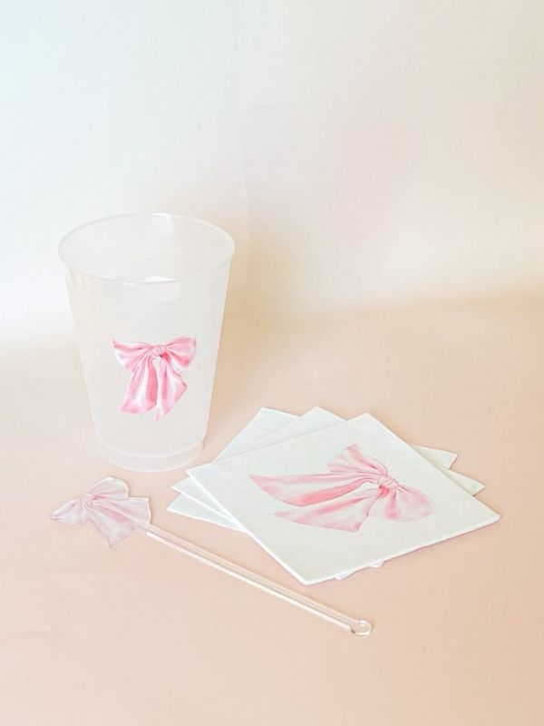 Pink Bow Party Cups for Baby Girl Shower Sprinkle, 1st Birthday Party, Fancy Tea Party, Bridesmaids Luncheon (5 Cups)