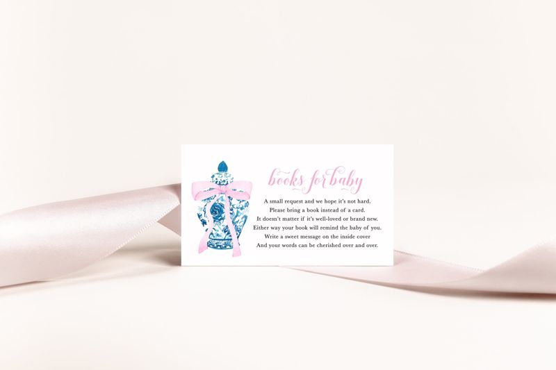 Ginger Jar Baby Shower Book Request Insert Cards - Pink Bow - Chinoiserie Theme - Baby Girl (20 printed cards)