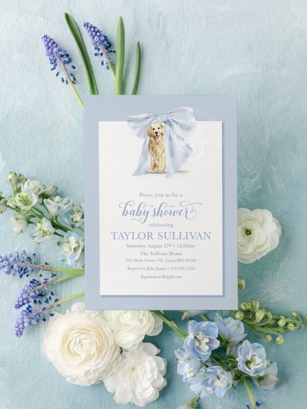 Boy Baby Shower Invitation with Golden Retriever Blue Bow Boy Baby Sprinkle Sip and See (10 printed invitations | Plain White Envelopes)