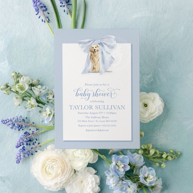 Boy Baby Shower Invitation with Golden Retriever Blue Bow Boy Baby Sprinkle Sip and See (10 printed invitations | Plain White Envelopes)