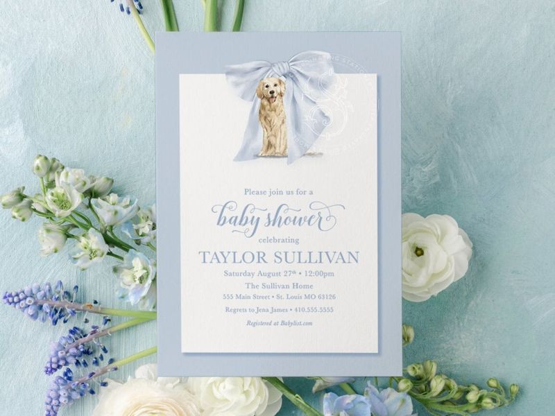 Boy Baby Shower Invitation with Golden Retriever Blue Bow Boy Baby Sprinkle Sip and See (10 printed invitations | Plain White Envelopes)