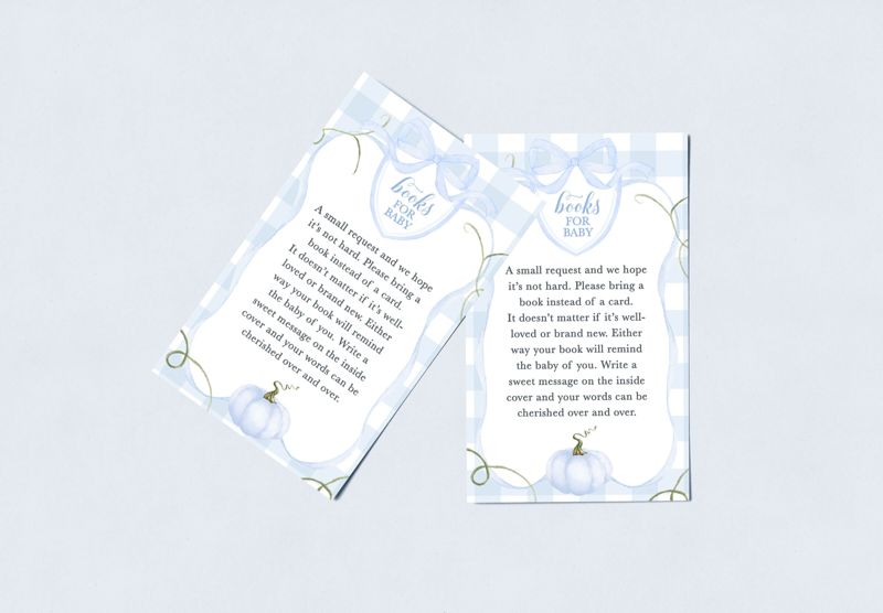 Pumpkin Book Request Card - Blue Gingham Baby Shower - Book Request Insert Cards Printed - Boy Baby Shower (20 printed cards)