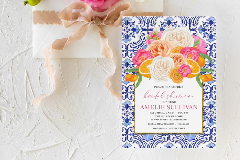 Orange Bridal Shower Invitation  - Printed Invitations - Mimosa Invitation - Orange and Blue Tiles - Bridal Luncheon - Citrus Invites (10 printed invitations, Plain White Envelopes)