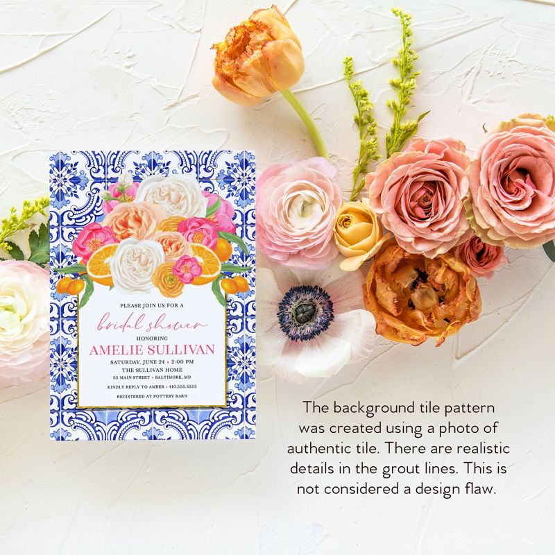 Orange Bridal Shower Invitation  - Printed Invitations - Mimosa Invitation - Orange and Blue Tiles - Bridal Luncheon - Citrus Invites (10 printed invitations, Plain White Envelopes)