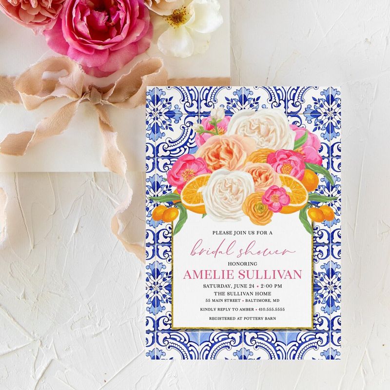 Orange Bridal Shower Invitation  - Printed Invitations - Mimosa Invitation - Orange and Blue Tiles - Bridal Luncheon - Citrus Invites (10 printed invitations, Plain White Envelopes)