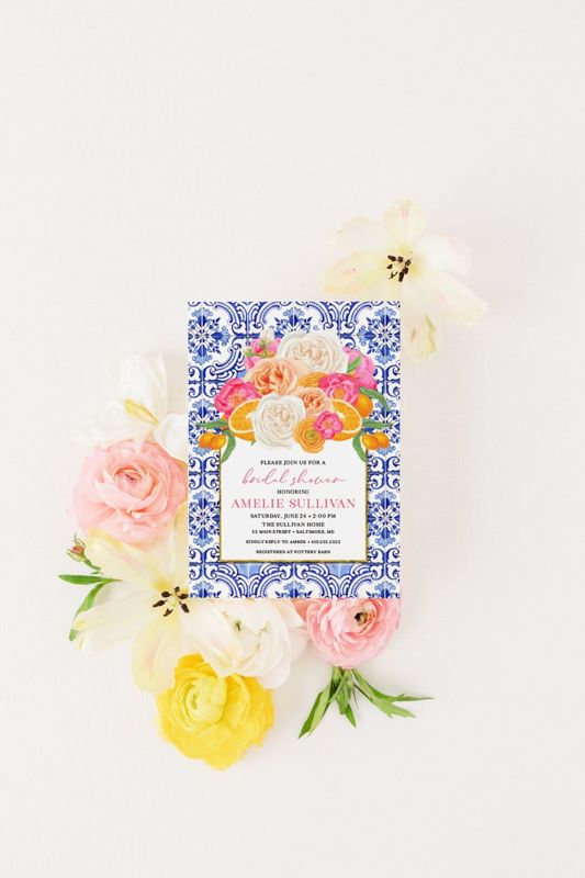 Orange Bridal Shower Invitation  - Printed Invitations - Mimosa Invitation - Orange and Blue Tiles - Bridal Luncheon - Citrus Invites (10 printed invitations, Plain White Envelopes)