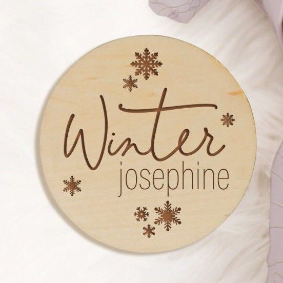 Winter Baby Name Announcement Sign, Snowflake Newborn Sign, Birth Announcement Sign, Wood Baby Name Sign, Baby Circle Sign (4")