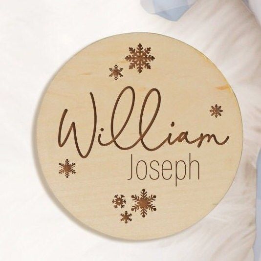 Winter Baby Name Announcement Sign, Snowflake Newborn Sign, Birth Announcement Sign, Wood Baby Name Sign, Baby Circle Sign (4")