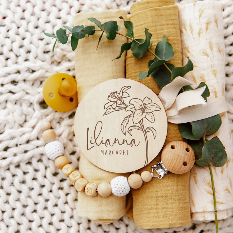 Lily Wooden Baby Name Sign | Flower Engraved Baby Name Reveal Plaque | Modern Birth Announcement Sign | Floral Newborn Photo Prop wood (4")