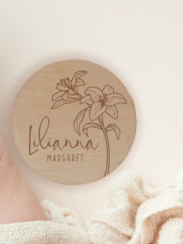 Lily Wooden Baby Name Sign | Flower Engraved Baby Name Reveal Plaque | Modern Birth Announcement Sign | Floral Newborn Photo Prop wood (4")