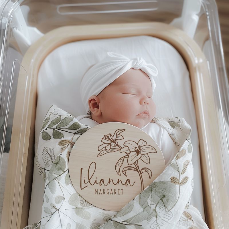 Lily Wooden Baby Name Sign | Flower Engraved Baby Name Reveal Plaque | Modern Birth Announcement Sign | Floral Newborn Photo Prop wood (4")