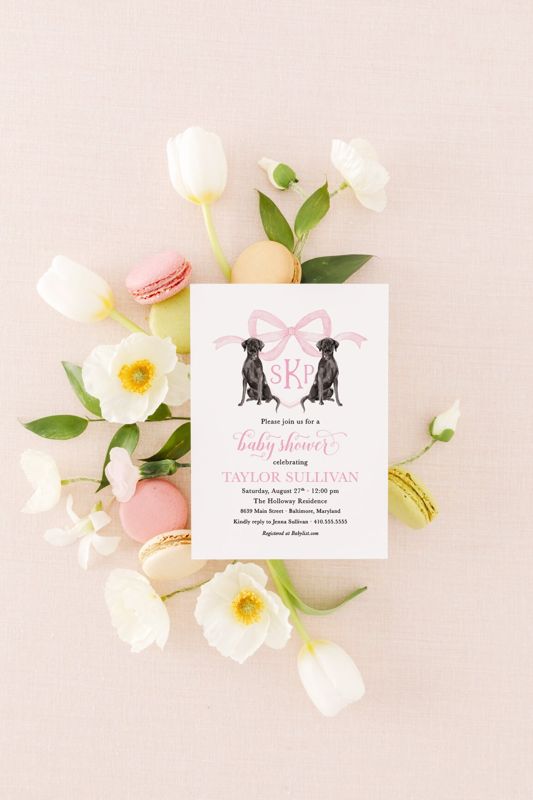 Girl Baby Shower Invitations Black Labrador Retrievers - Preppy Dog Watercolor Crest - Pink Monogram Bow Baby Sprinkle (10 printed invitations | Plain White Envelopes)