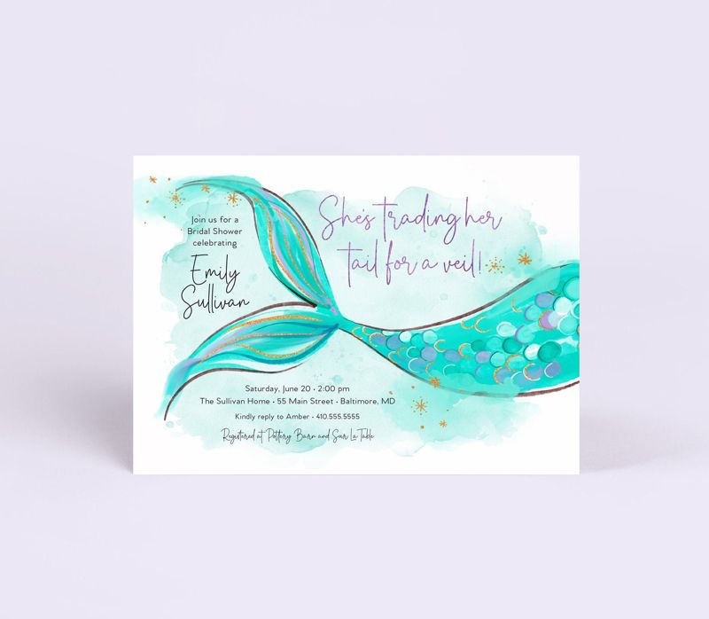 She's Trading her Tail for a Veil Bridal Shower Invitation, Mermaid Invites, Sea of Love, Beach Invitation, Under the Sea, Pool Party (10 printed invitations, Plain White Envelopes)