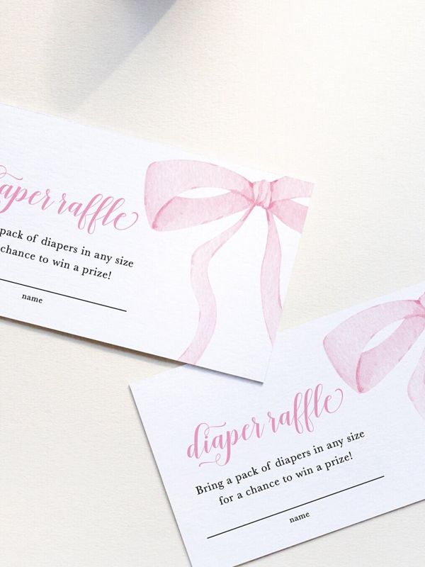 Preppy Pink Bow, Baby Shower Diaper Raffle Insert Cards, Printed Raffle Cards, Girl Baby Shower (20 printed cards)