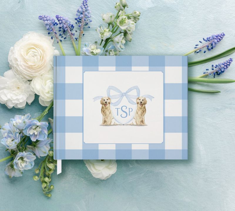 Boy Baby Shower Guest Book - Gold Retriever Monogram Crest - Pastel Blue Gingham Book - Baby Boy Sprinkle Guest Book Monogram
