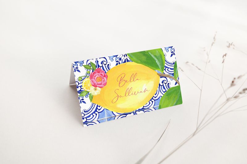 Printed Escort Cards for Lemon Blue Tile Bridal Shower - Italian Lemon Theme Place Cards - Bridesmaids Luncheon - Personalized seating cards (10 escort cards)