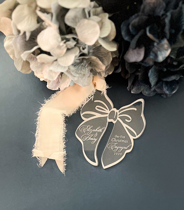 First Christmas Married Ornament Personalized, Newlywed Christmas Ornament Bow, Just Married Ornament Wedding Gift for couples, Mr and Mrs (Rose Gold Mirror, Married)
