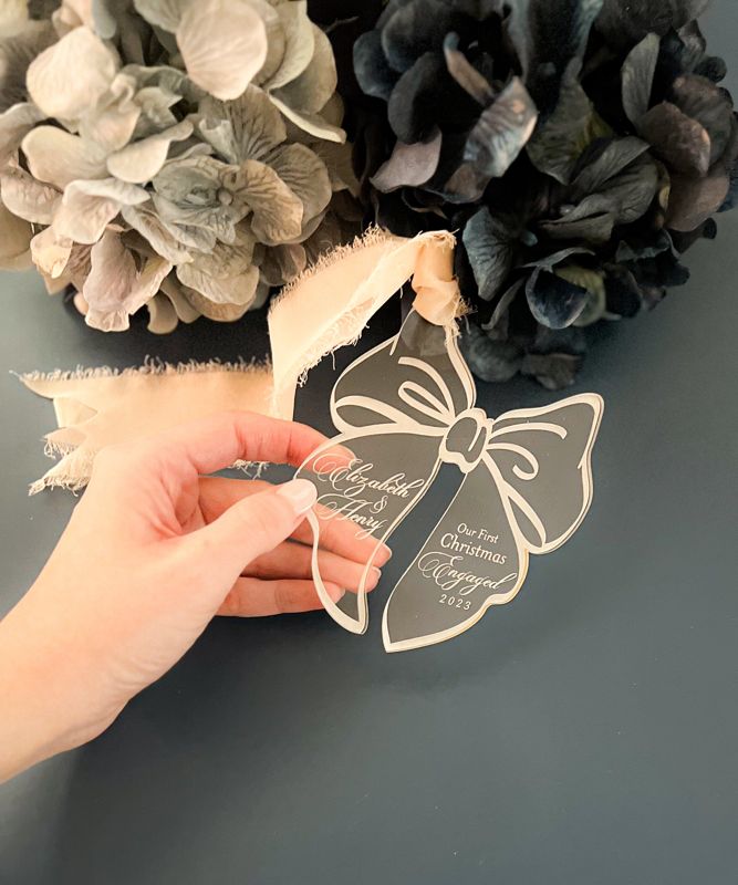 First Christmas Married Ornament Personalized, Newlywed Christmas Ornament Bow, Just Married Ornament Wedding Gift for couples, Mr and Mrs (Rose Gold Mirror, Married)