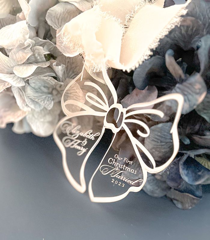 First Christmas Married Ornament Personalized, Newlywed Christmas Ornament Bow, Just Married Ornament Wedding Gift for couples, Mr and Mrs (Rose Gold Mirror, Married)
