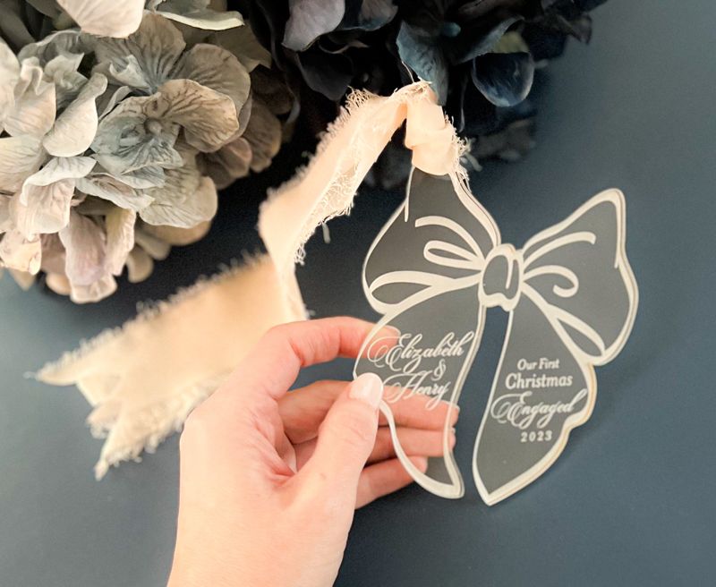 First Christmas Married Ornament Personalized, Newlywed Christmas Ornament Bow, Just Married Ornament Wedding Gift for couples, Mr and Mrs (Rose Gold Mirror, Married)