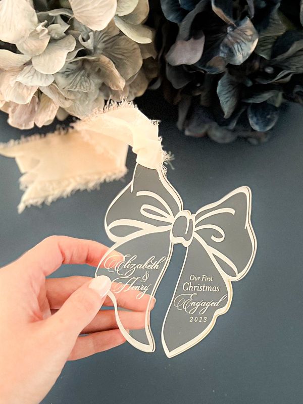 First Christmas Married Ornament Personalized, Newlywed Christmas Ornament Bow, Just Married Ornament Wedding Gift for couples, Mr and Mrs (Rose Gold Mirror, Married)