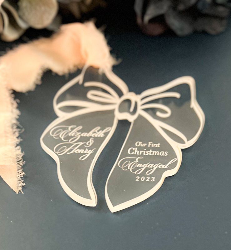 First Christmas Married Ornament Personalized, Newlywed Christmas Ornament Bow, Just Married Ornament Wedding Gift for couples, Mr and Mrs (Rose Gold Mirror, Married)
