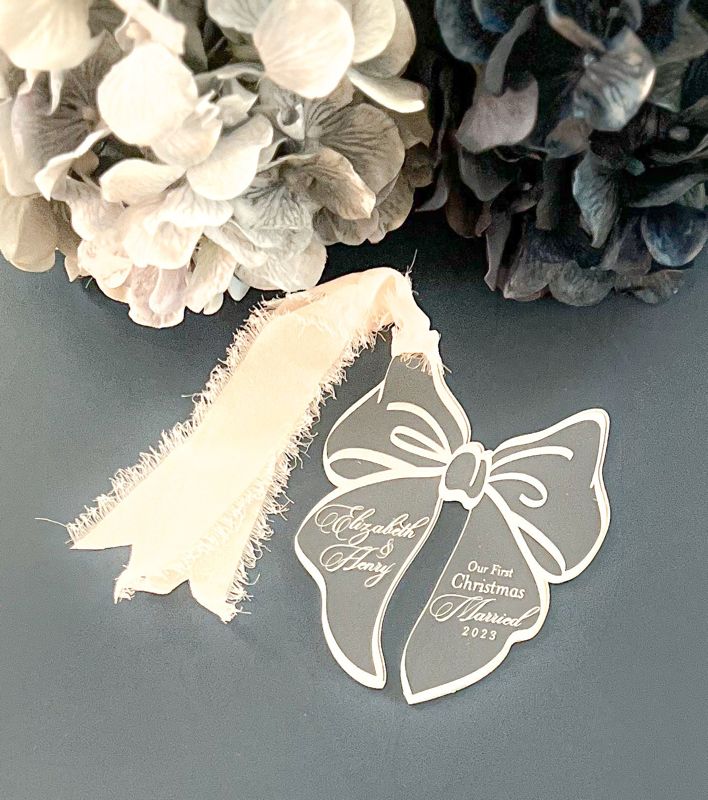 First Christmas Married Ornament Personalized, Newlywed Christmas Ornament Bow, Just Married Ornament Wedding Gift for couples, Mr and Mrs (Rose Gold Mirror, Married)