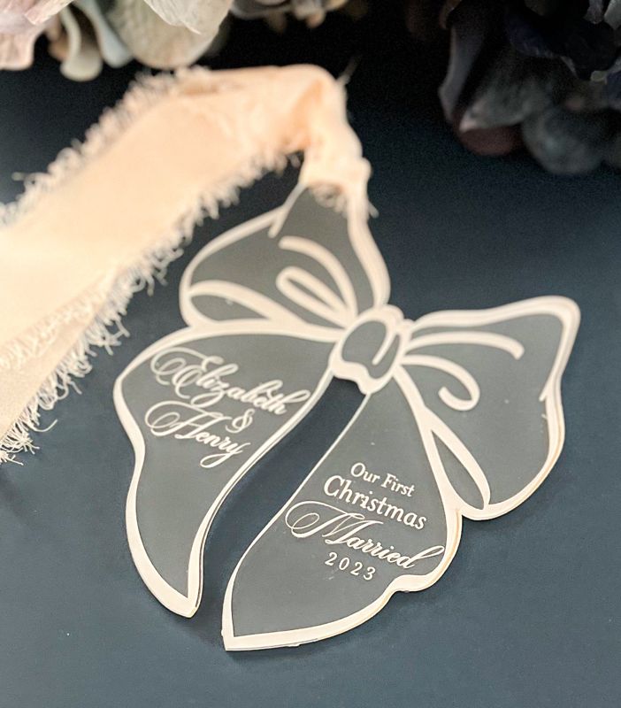 First Christmas Married Ornament Personalized, Newlywed Christmas Ornament Bow, Just Married Ornament Wedding Gift for couples, Mr and Mrs (Rose Gold Mirror, Married)