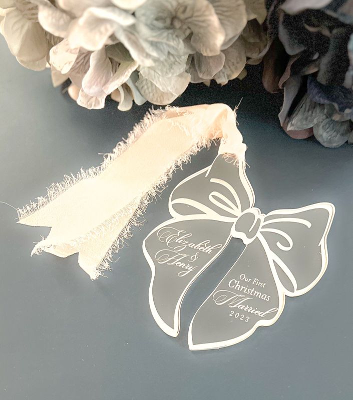 First Christmas Married Ornament Personalized, Newlywed Christmas Ornament Bow, Just Married Ornament Wedding Gift for couples, Mr and Mrs (Rose Gold Mirror, Married)