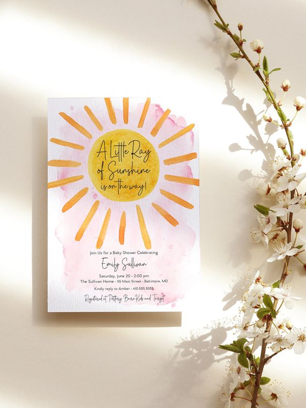 Pink Sunshine Baby Shower Invitation - A Little Ray of Sunshine - My Sunshine - Boho Sunshine