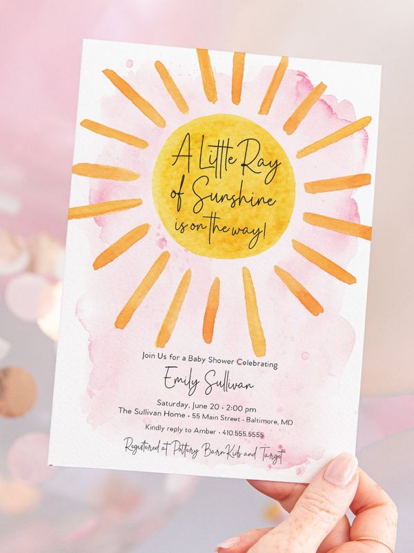 Pink Sunshine Baby Shower Invitation - A Little Ray of Sunshine - My Sunshine - Boho Sunshine