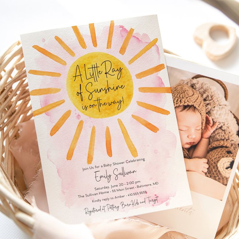 Pink Sunshine Baby Shower Invitation - A Little Ray of Sunshine - My Sunshine - Boho Sunshine