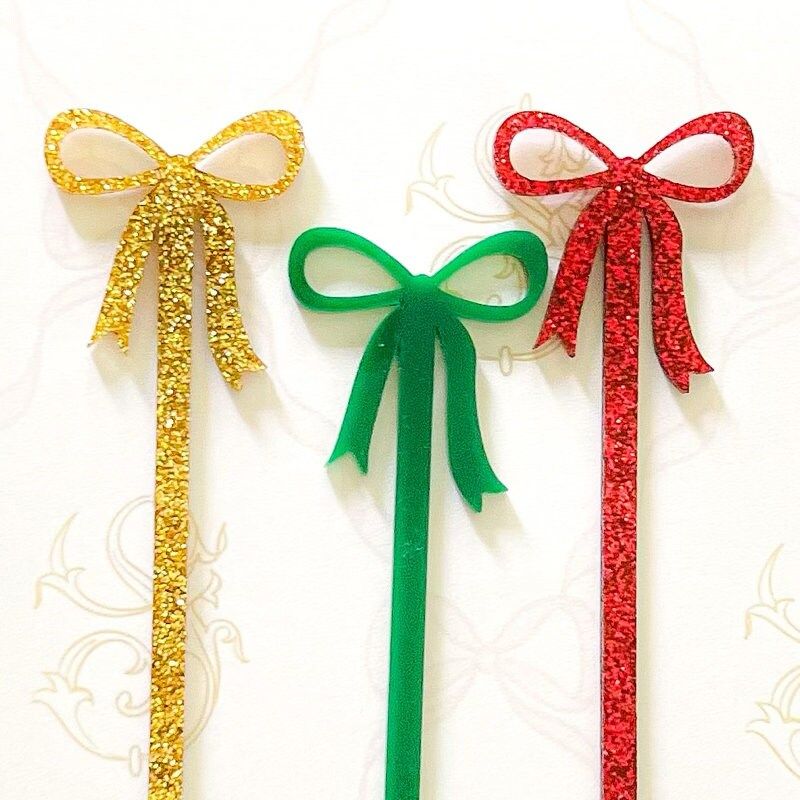 Christmas bow drink stirrers for Holiday Party, cocktail stirrers, acrylic stir sticks, swizzle stick, Christmas Party bar cart accessory (Red Glitter | Set of 5 stirrers)